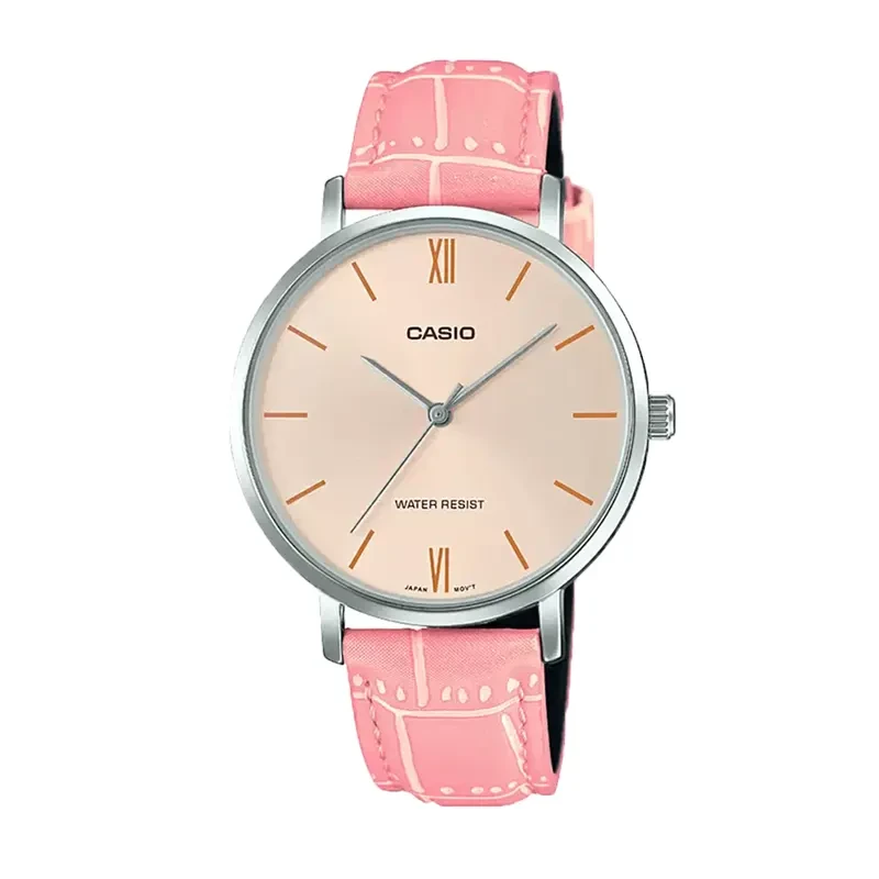 Casio Japan Quartz Cream Dial Pink Leather Ladies Watch- LTP-VT01L-4B